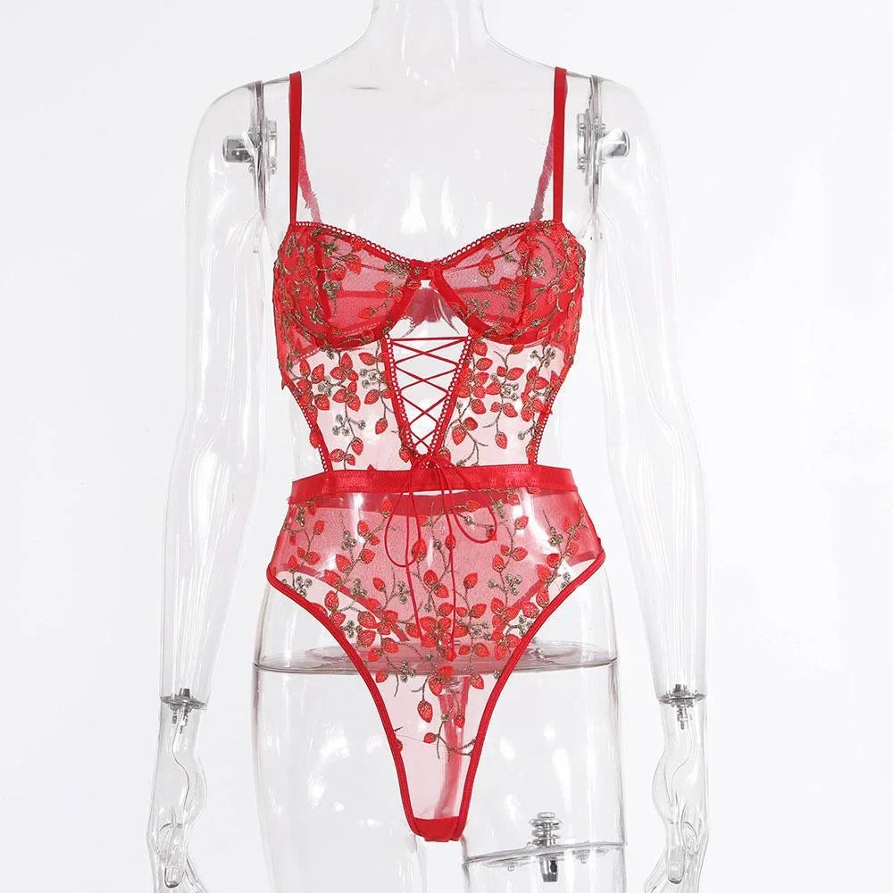 Women's Transparent Lace Fishnet Teddy Lingerie Bodysuit Sexy Embroidered Nightwear