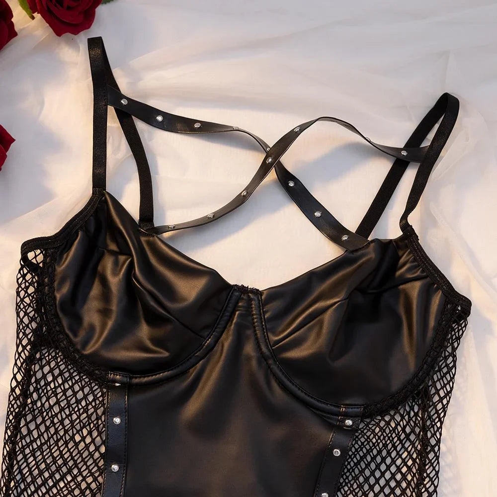 Women's Black Lace Mesh Halter Teddy Bodysuit Deep V-Neck Bridal Lingerie Sexy Nightwear Leather Look Transparent Babydoll