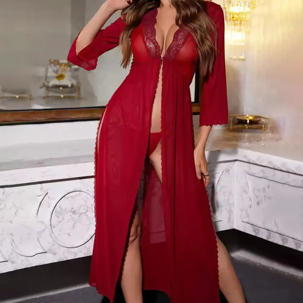 Women's Maroon Silk Long Bridal Night Gown