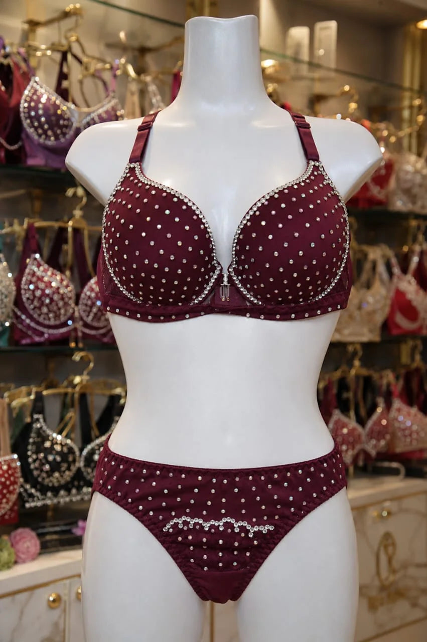 Glamorous Maroon Rhinestone Lingerie Set – Premium & Stylish