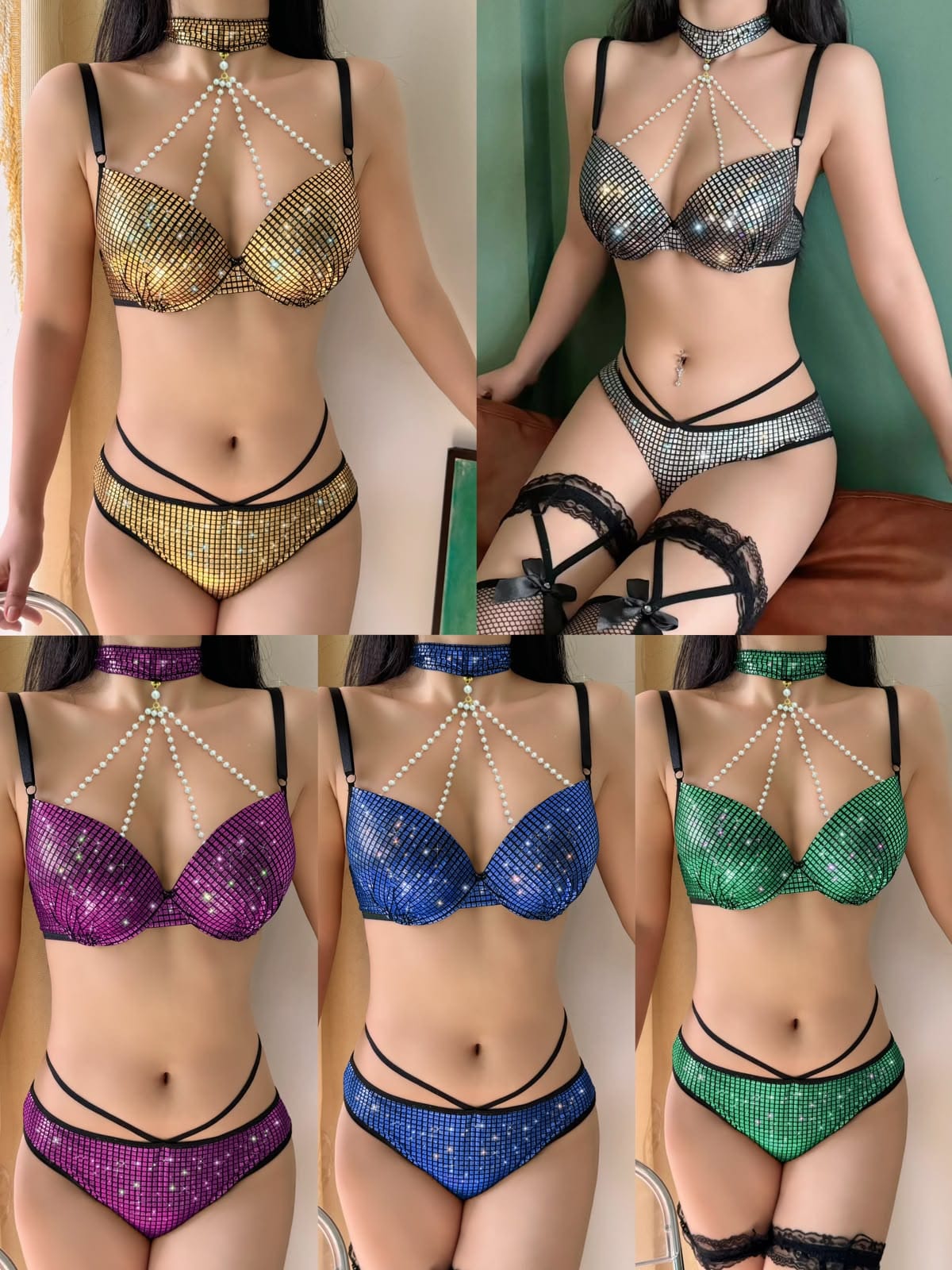 Rhinestone Lingerie Set – Sparkly Mesh Bra & Panty with Choker, Sexy Party Wear, Bridal Nightwear & Women’s Intimate Wear